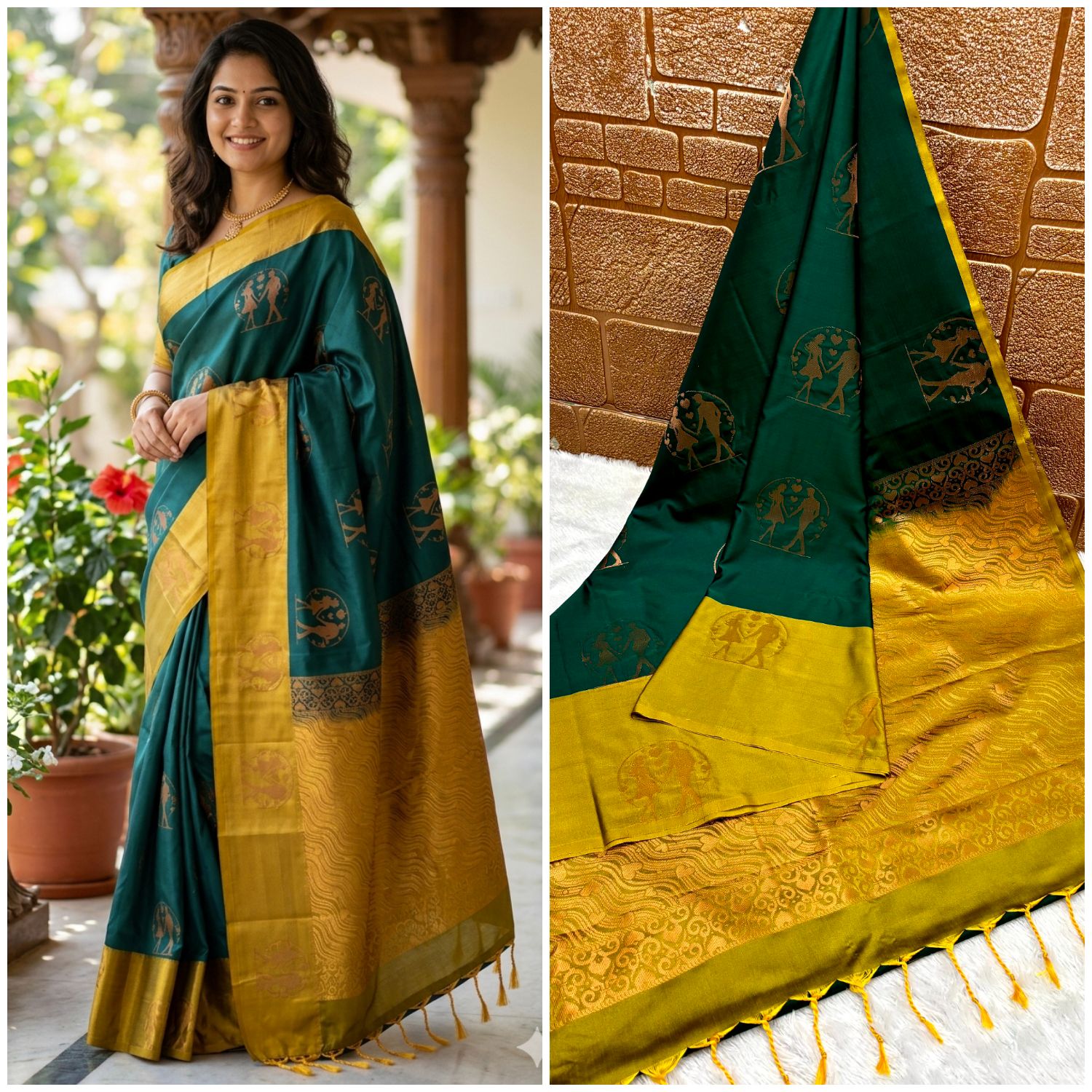 Teal and Mustard Yellow Semi-Paithani Silk Saree